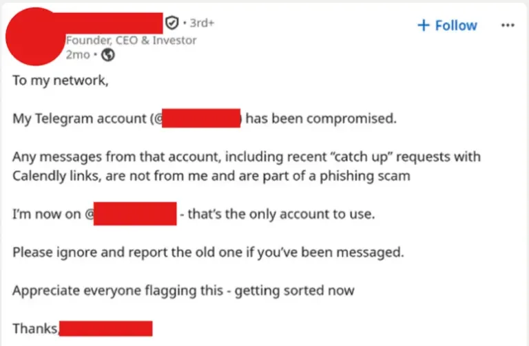 AfounderannouncingtheirTelegramaccountascompromisedSource-Jumpsec