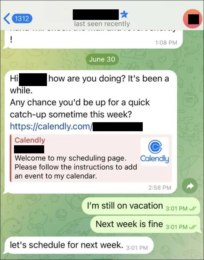 DMscreenshotshowingacompromisedTelegramaccountimpersonatingapreviousvictimSource-ArcticWolf