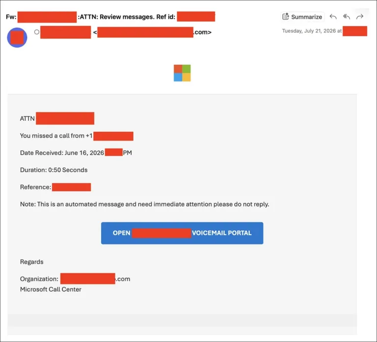 RedactedphishingemailshowingthevoicemailnotificationlureSource-ArcticWolf