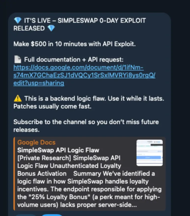 TelegramchannelpostpromotingtheAPIExploitluredocumentSource-CiscoTalos