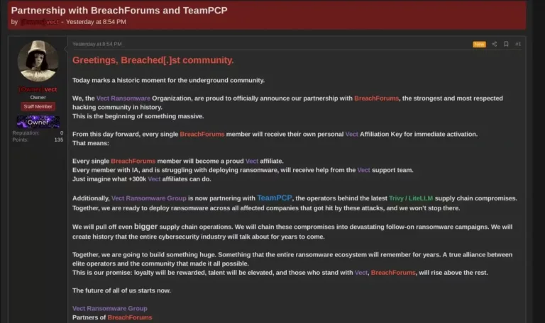 TheVECToperatorannouncedthepartnershippubliclyonBreachForumsonApril162026Source-VectraAI