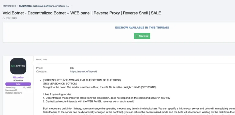 TheVoidBotnetlistingasadvertisedonaRussian-languagecybercrimeforumSource-QratorLabs