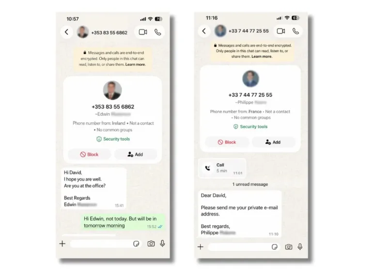 TheinitialWhatsAppapproachusedtwoimpersonatedidentitiesSource-GenDigital
