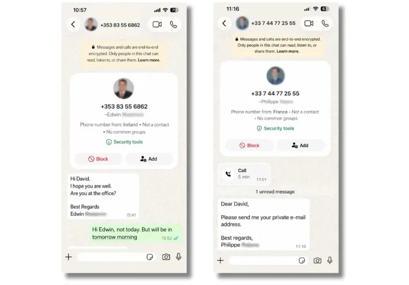 TheinitialWhatsAppapproachusedtwoimpersonatedidentitiesSource-GenDigital