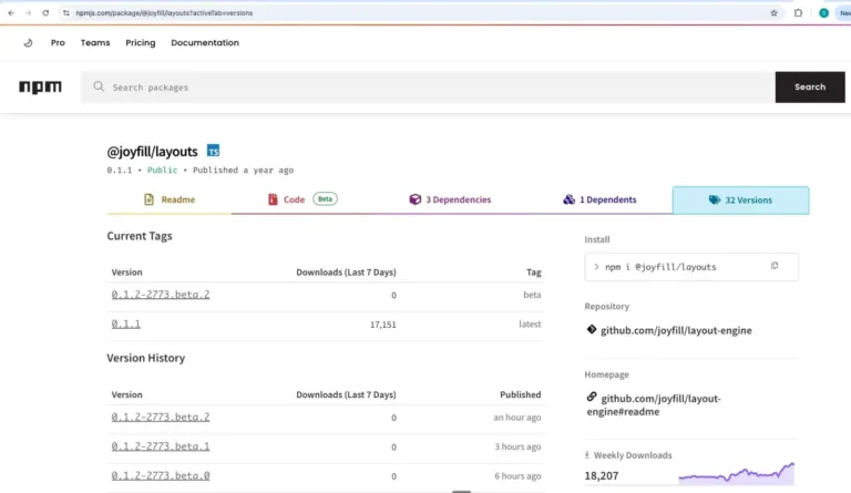 Thenpmregistryliststhe2773betareleasespublishedwithinhoursofeachothernexttothelastlegitimate011releaseSource-StepSecurity